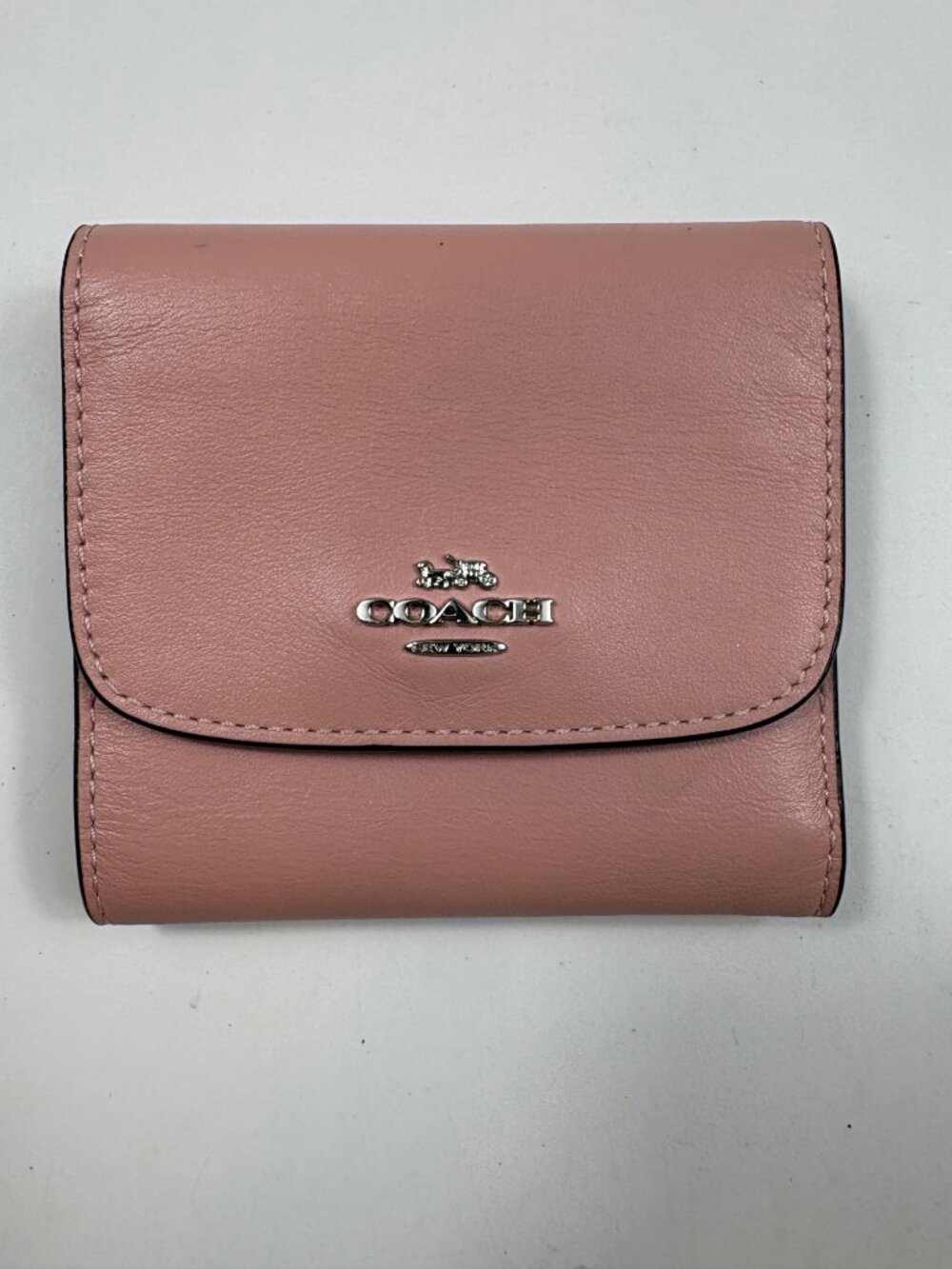 Coach Small Pink Leather Tri-Fold Wallet With Snap Closure & Zipper Pocket